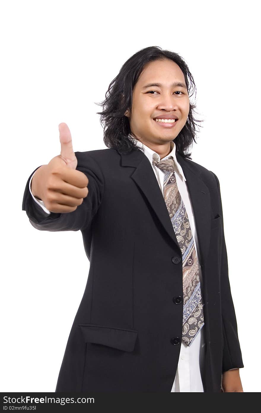 Long hair man give thumb isolated on white background