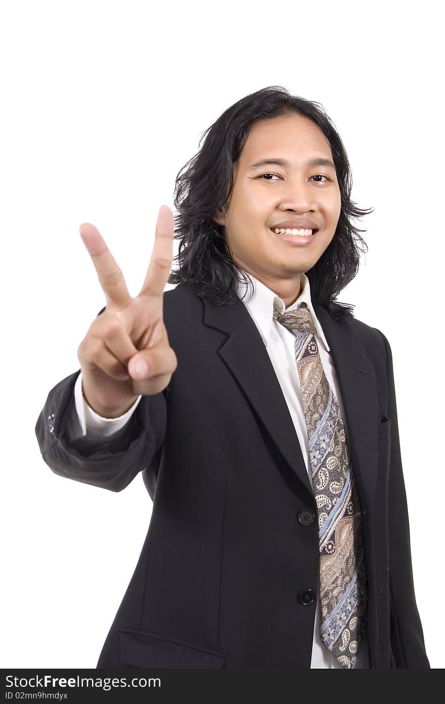 Long hair man give number two by hand gesture