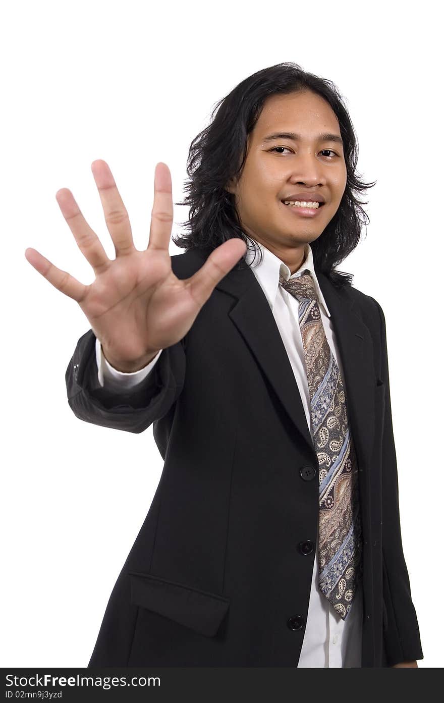 Long hair man give number five by hand gesture