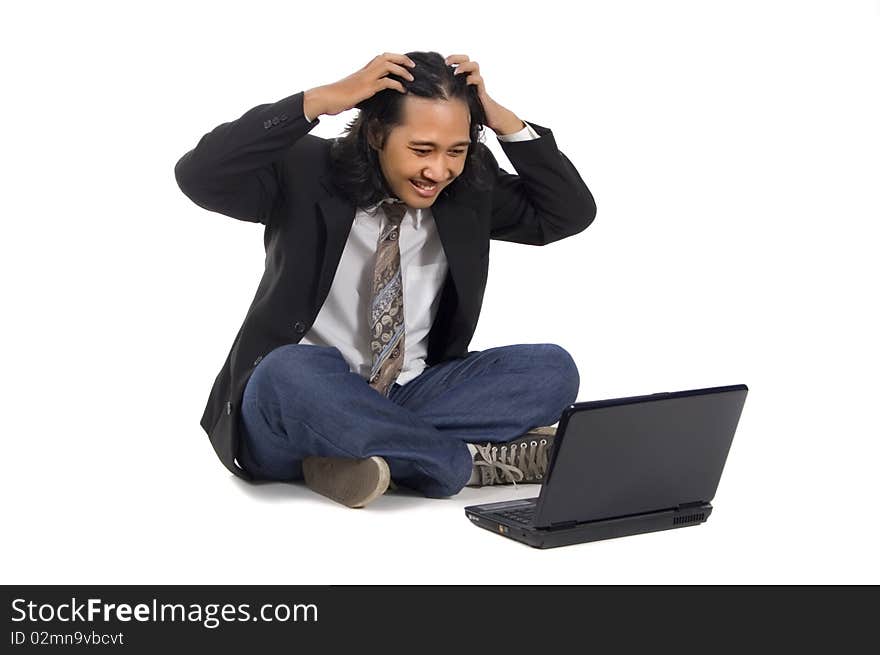 Long hair man sit on the floor, working with laptop, isolated on white. Long hair man sit on the floor, working with laptop, isolated on white