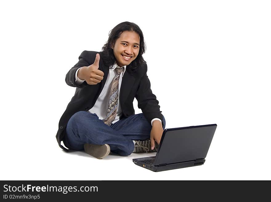 Long hair man sit on the floor, working with laptop, success and isolated on white. Long hair man sit on the floor, working with laptop, success and isolated on white