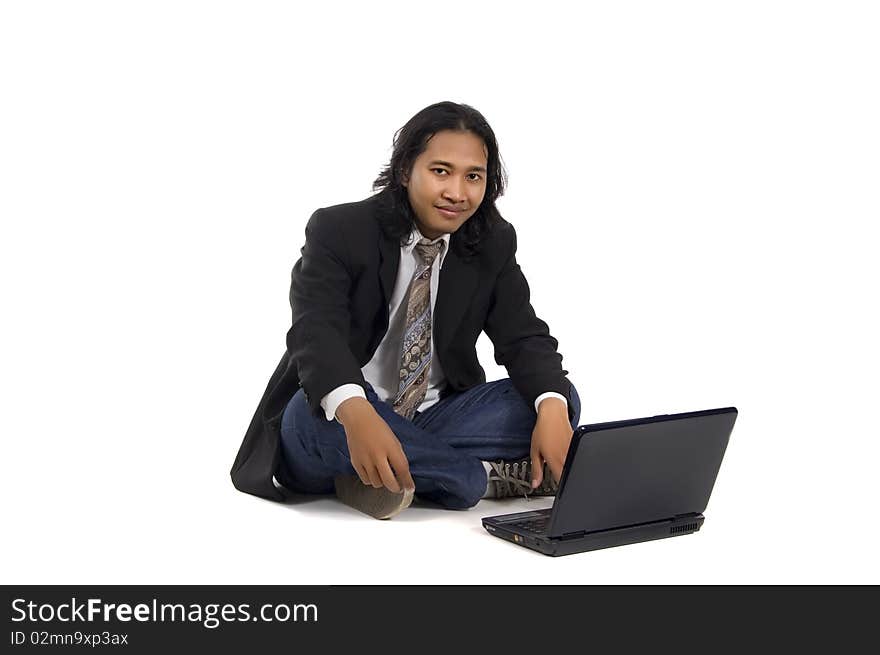 Long hair man sit on the floor, working with laptop, isolated on white. Long hair man sit on the floor, working with laptop, isolated on white