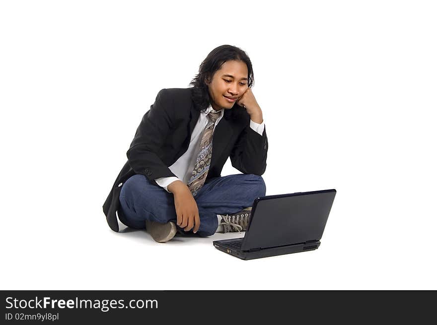 Long hair man sit on the floor, frustated working with laptop, isolated on white. Long hair man sit on the floor, frustated working with laptop, isolated on white