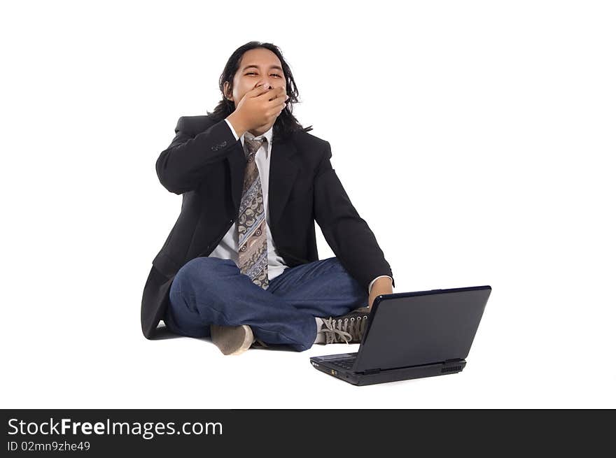 Long hair man sit on the floor, frustated working with laptop, isolated on white. Long hair man sit on the floor, frustated working with laptop, isolated on white