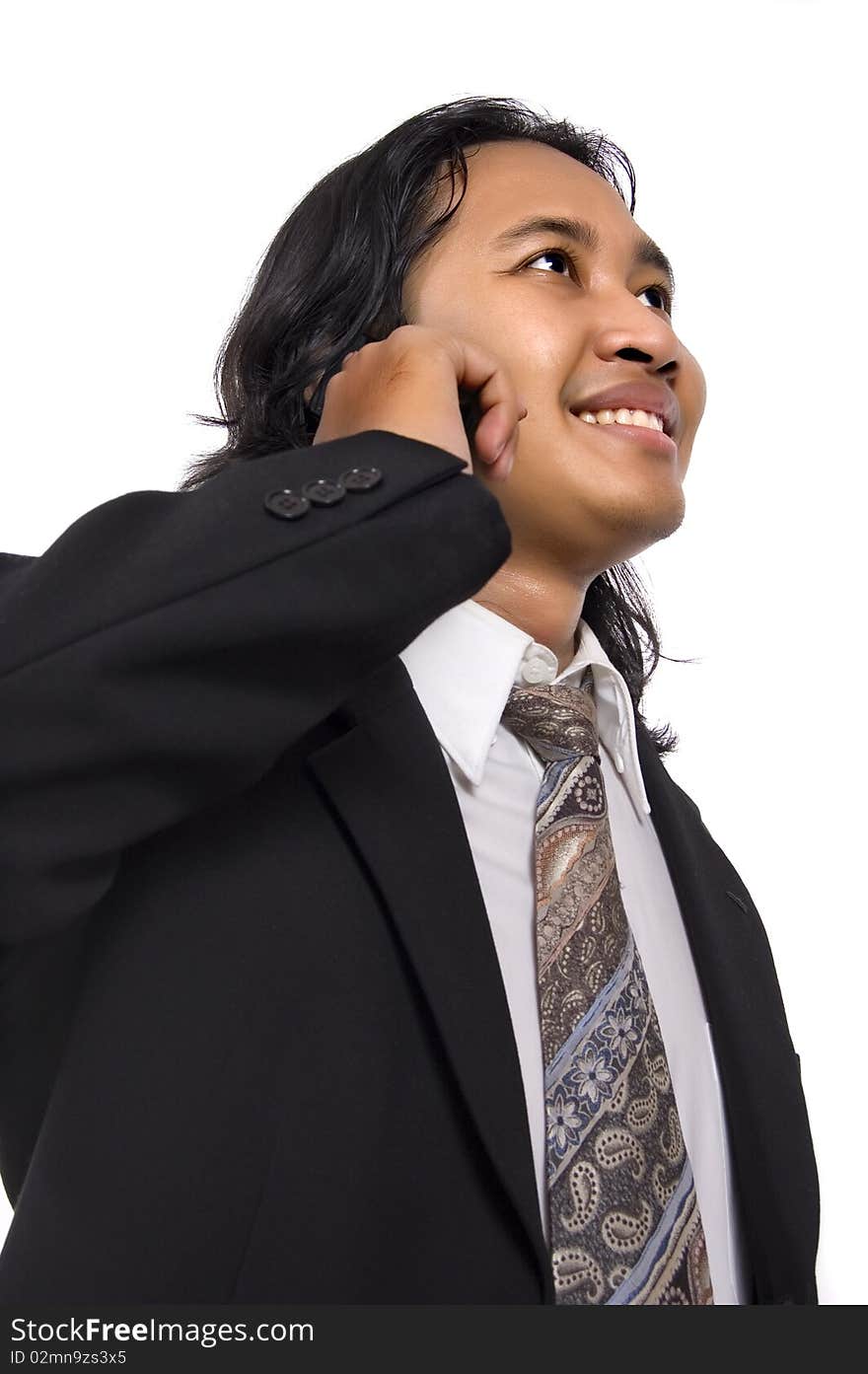 Long Hair business man make a call isolated on white background