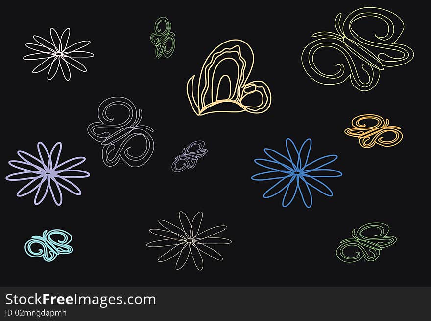 Black floral background with flower and butterfly. The . Black floral background with flower and butterfly. The .