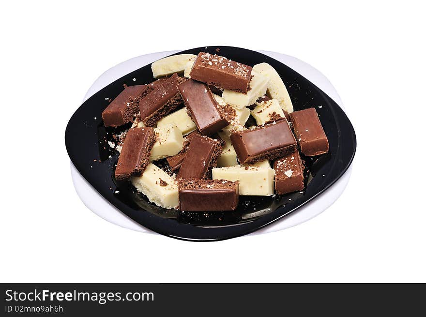 Isolated plates with white and milk chocolate