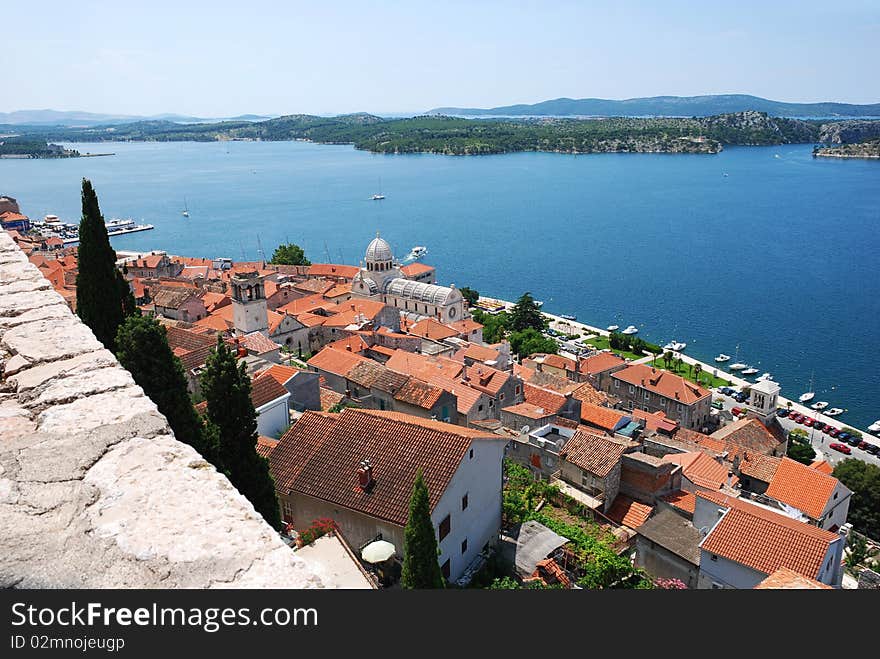 Croatia coast, the roofs of european city. Sibenik.