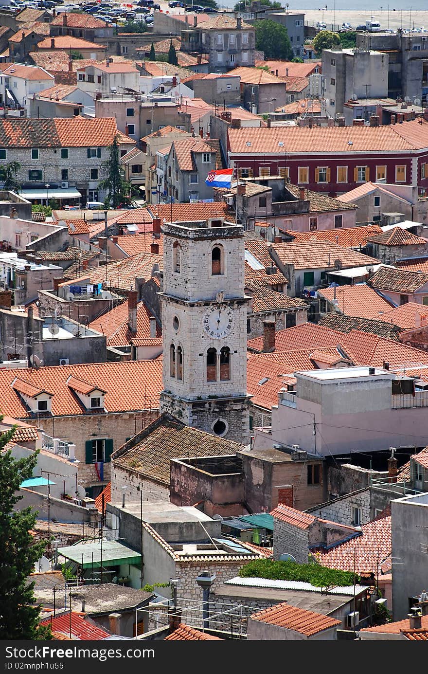 Croatia coast, the roofs of european city. Sibenik.