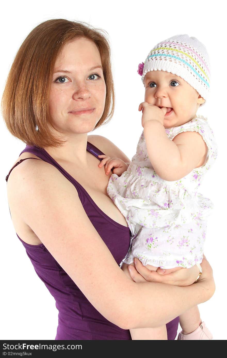 Mother With Little Baby Isolated On White. Series