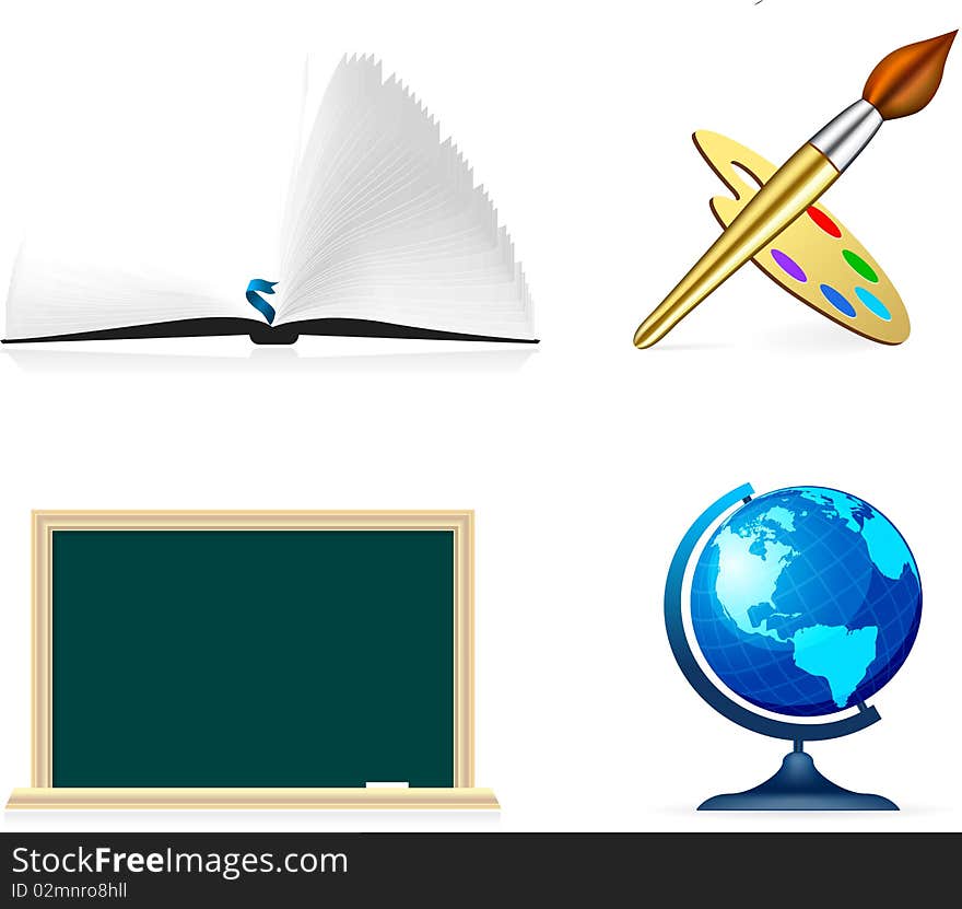 School icon: book, brush, blackboard and globe.