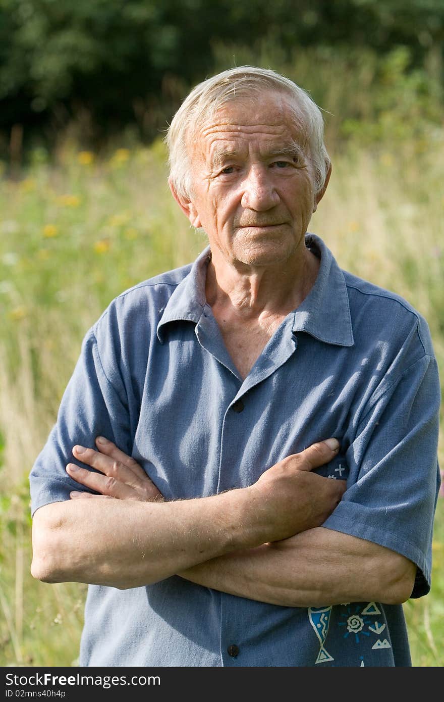 Portrait of the grey-haired elderly man in a blue shirt in the summer in village on the nature. Portrait of the grey-haired elderly man in a blue shirt in the summer in village on the nature