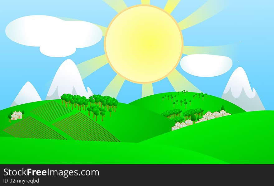 Illustration of sunny landscape of country. Illustration of sunny landscape of country