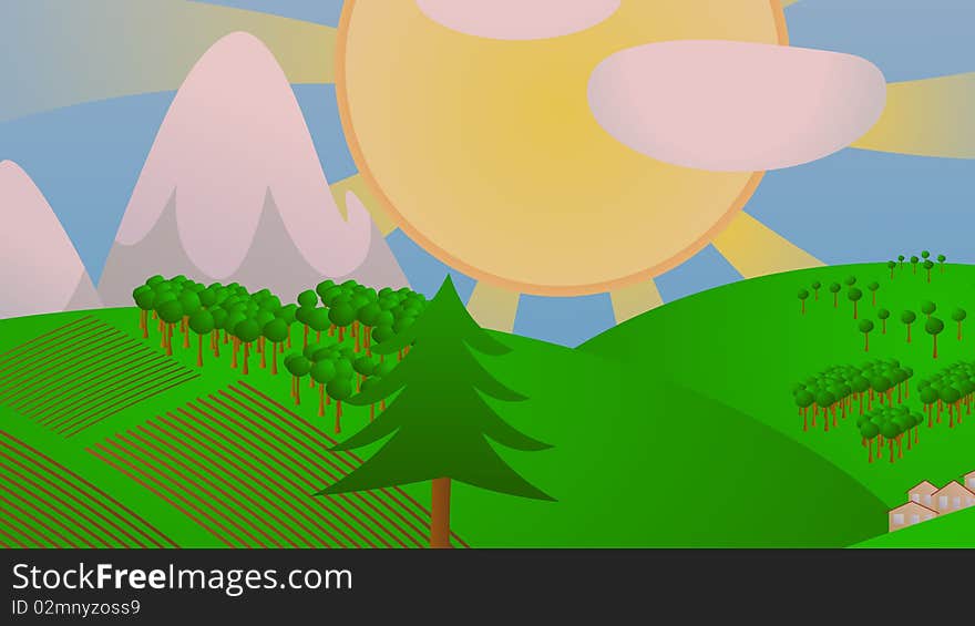 Illustration of sunny landscape of country. Illustration of sunny landscape of country