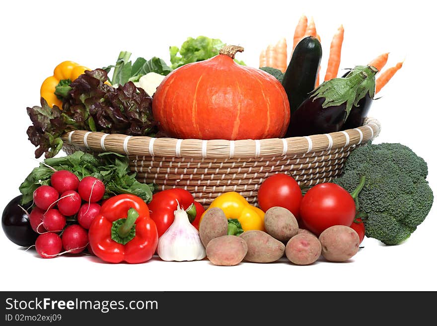 Assorted Vegetables in a basket - isolated on a white backgorund