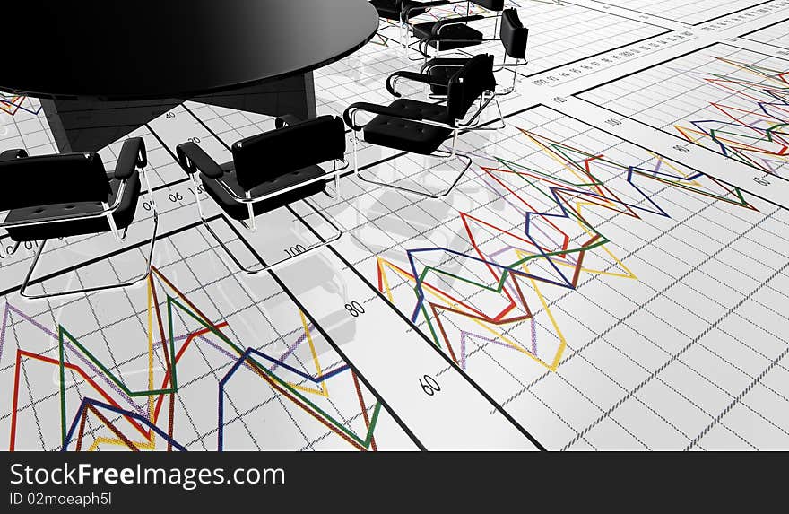 Negotiating table with business graphics  and symbol. Negotiating table with business graphics  and symbol