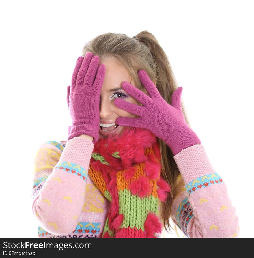 Winter happy young woman isolated