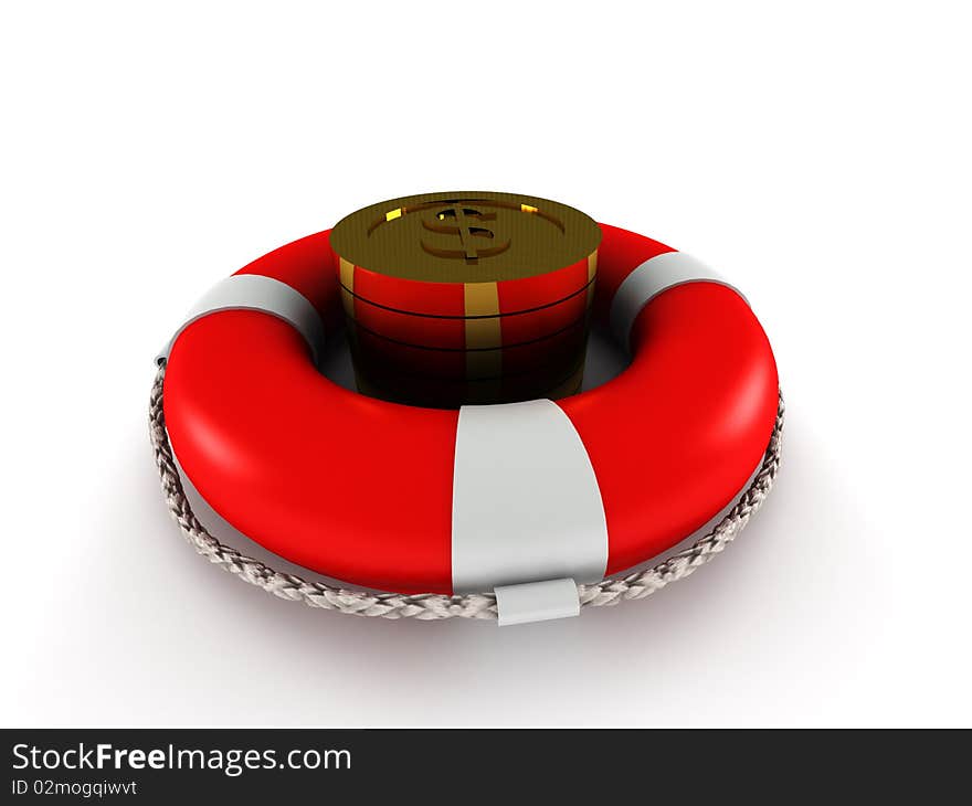 Saving money. Golden coins with dollar sign in lifebuoy isolated on white background. High quality 3d render.