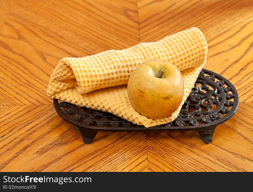 Apple with Table Handkerchief On Wooden Table. Apple with Table Handkerchief On Wooden Table