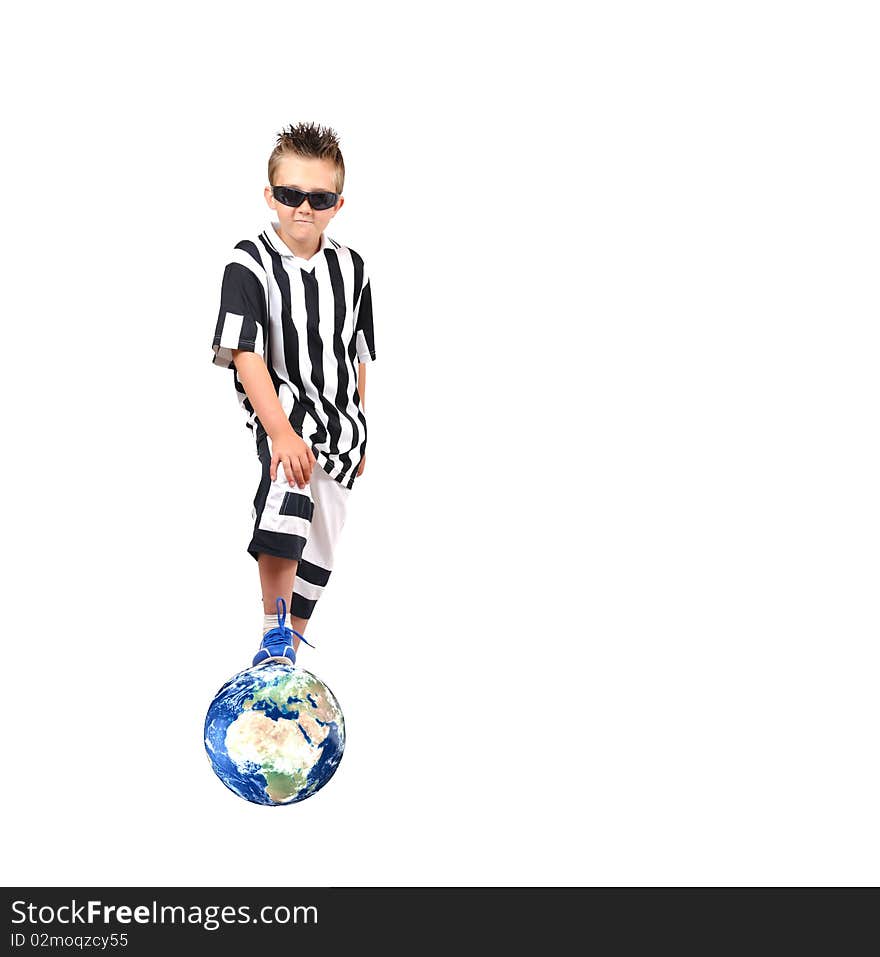 Young footballer with sunglasses stay on earth, isolated on white background. Young footballer with sunglasses stay on earth, isolated on white background