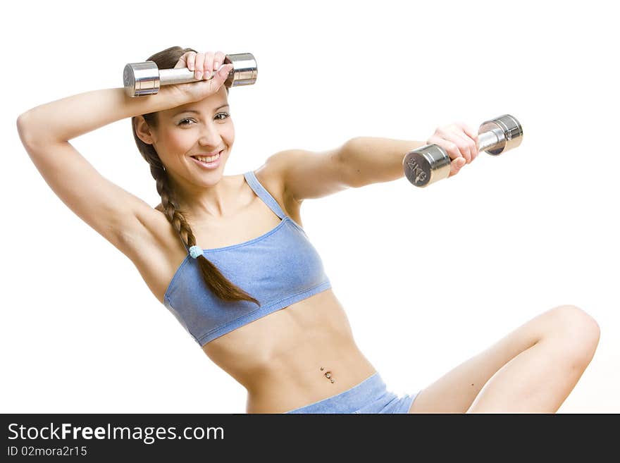 Portrait of woman with dumb bells. Portrait of woman with dumb bells