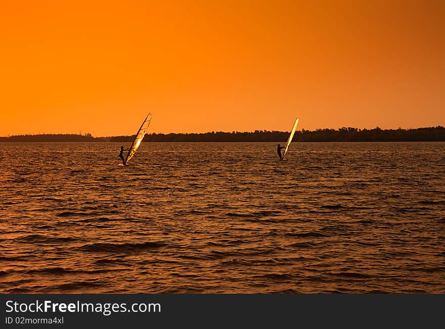 Wind Surfers on the Gulf of Mexico at Sunset