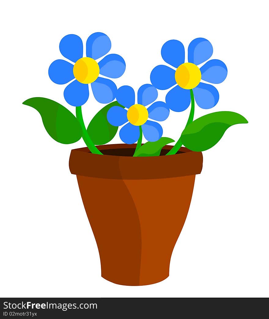 Three blue flowers in flowerpot. Three blue flowers in flowerpot