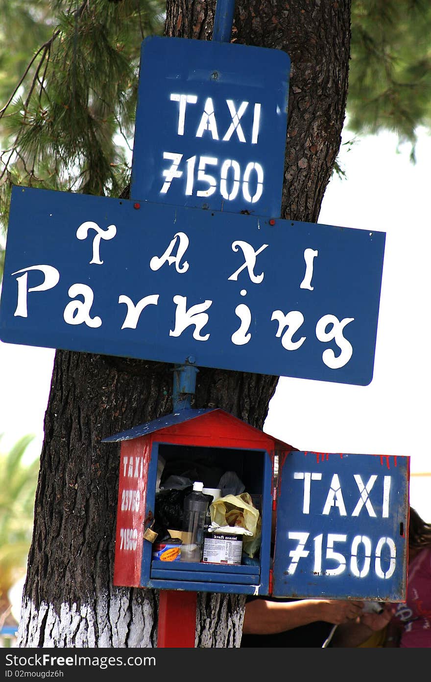 Taxi station on a street of a village in Chalkidiki in Greece