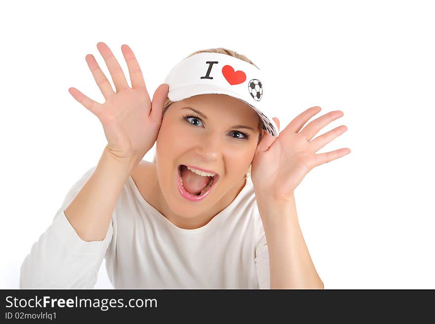 Pretty football fan girl in funny hat. isolated on white background