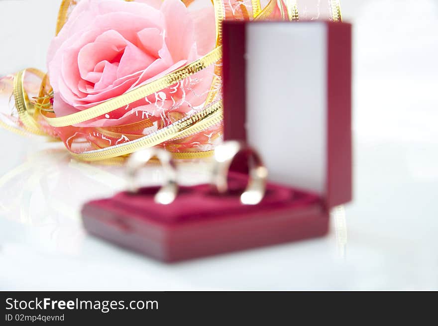 Rose and wedding rings on white background