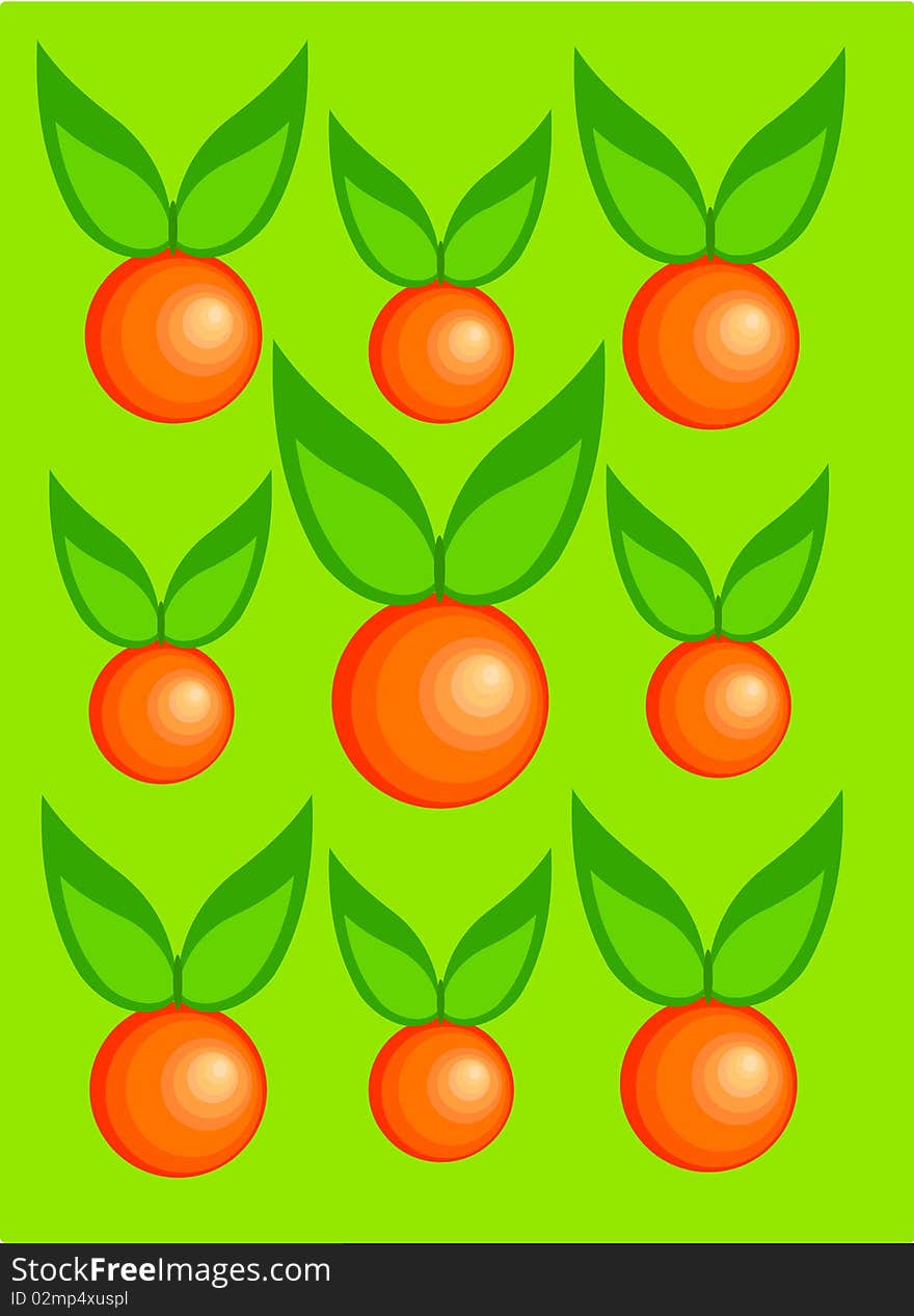 Fresh oranges with leaves over green background. Three different sizes. Vector illustration