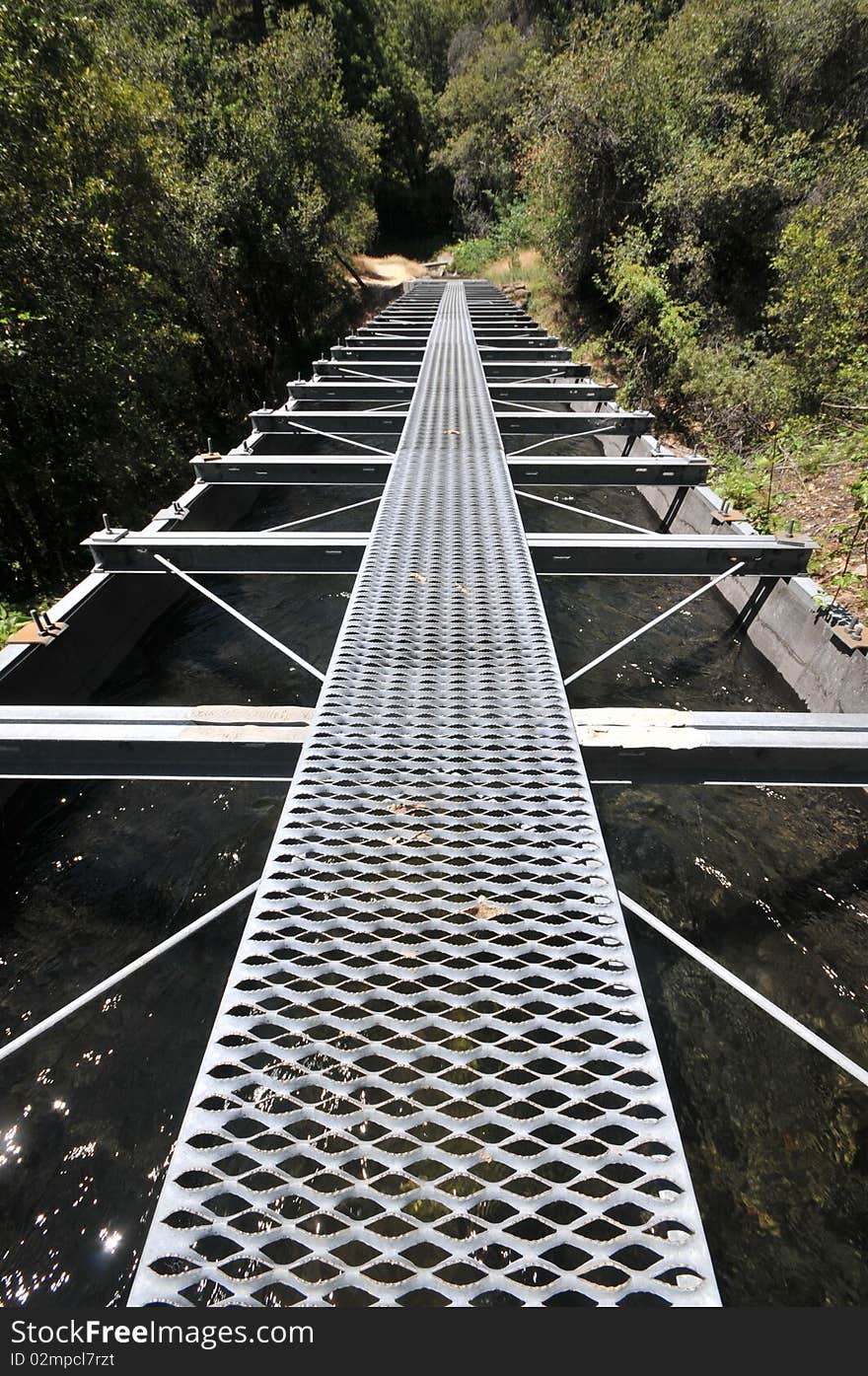 Metal grate over a waterway through the woods