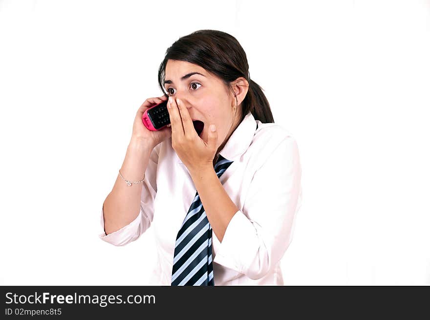 Female office worker having telephone conversation with client or customer