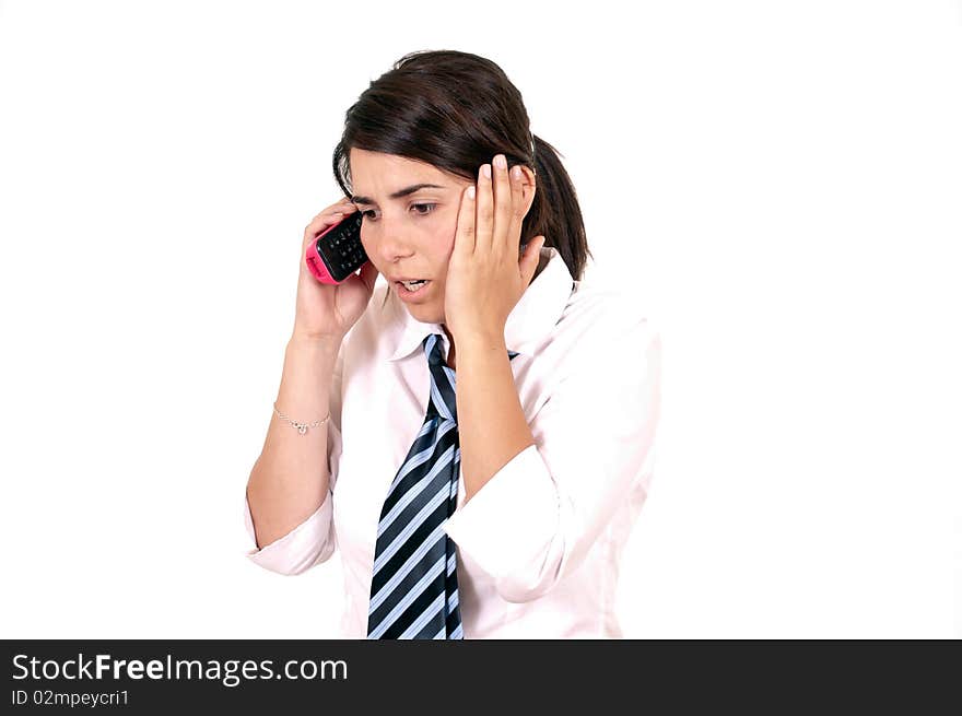 Female office worker having telephone conversation with client or customer