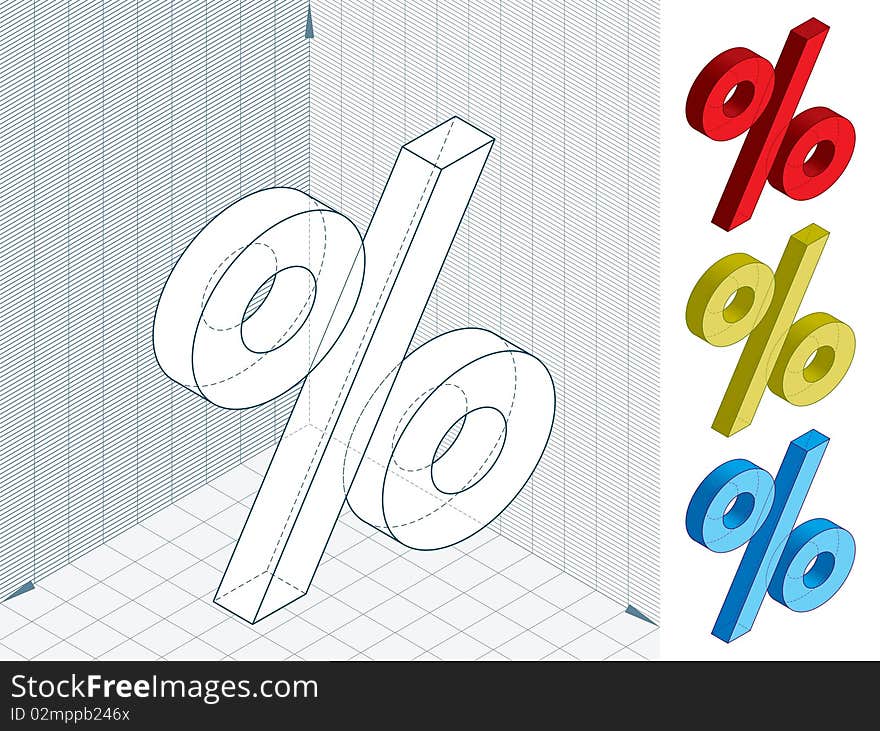 Vector illustration of 	a percent sign in perspective geometry. Includes three color versions. Vector illustration of 	a percent sign in perspective geometry. Includes three color versions.