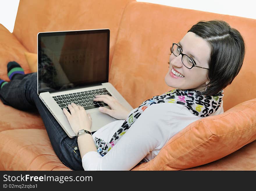 One Young Woman Working On Laptop