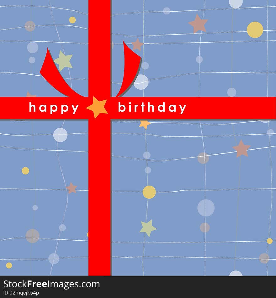 A birthday card with red ribbon. stars and circles background. A birthday card with red ribbon. stars and circles background