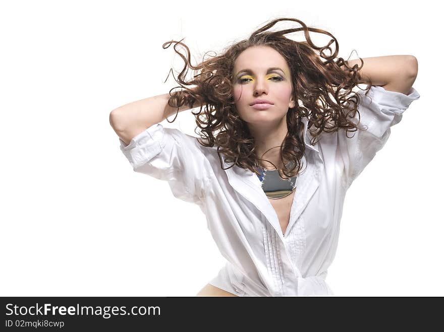 Attractive woman in white shirt isolated on white