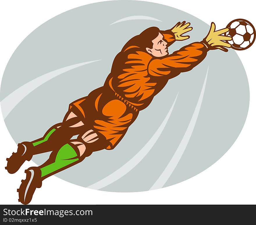 Illustration of a Soccer football goalie keeper saving a goal with net in background. Illustration of a Soccer football goalie keeper saving a goal with net in background.