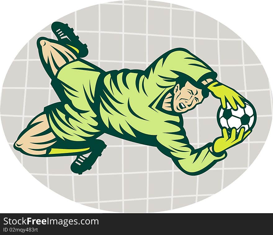 Illustration of a Soccer football goalie keeper saving a goal with net in background. Illustration of a Soccer football goalie keeper saving a goal with net in background.