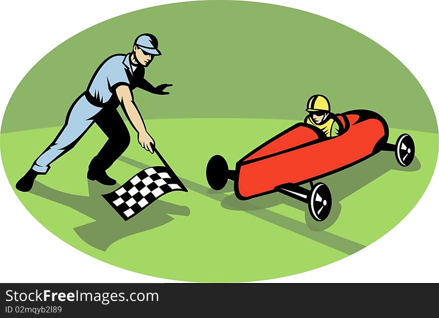 Illustration of a Soap box derby racing winning finish line with man waving checkered flag. Illustration of a Soap box derby racing winning finish line with man waving checkered flag.