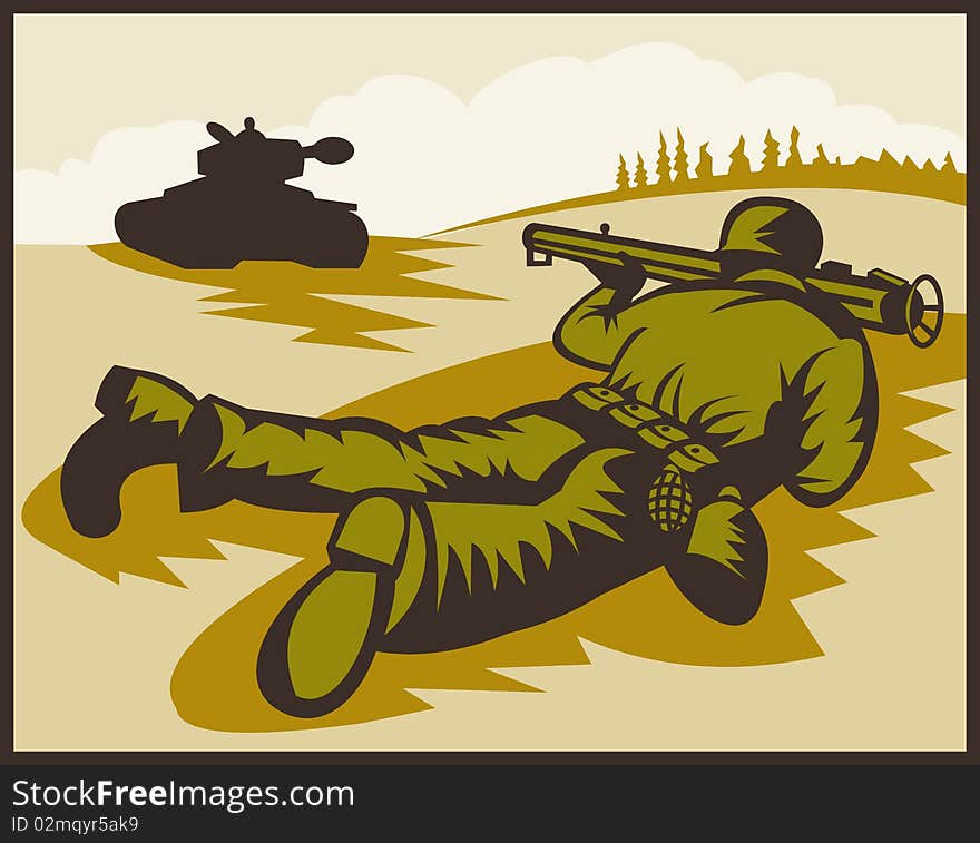 Illustration of a World two soldier aiming bazooka at battle tank. Illustration of a World two soldier aiming bazooka at battle tank.