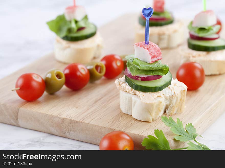 Close up of freshly made small bites of food for catering events. Close up of freshly made small bites of food for catering events