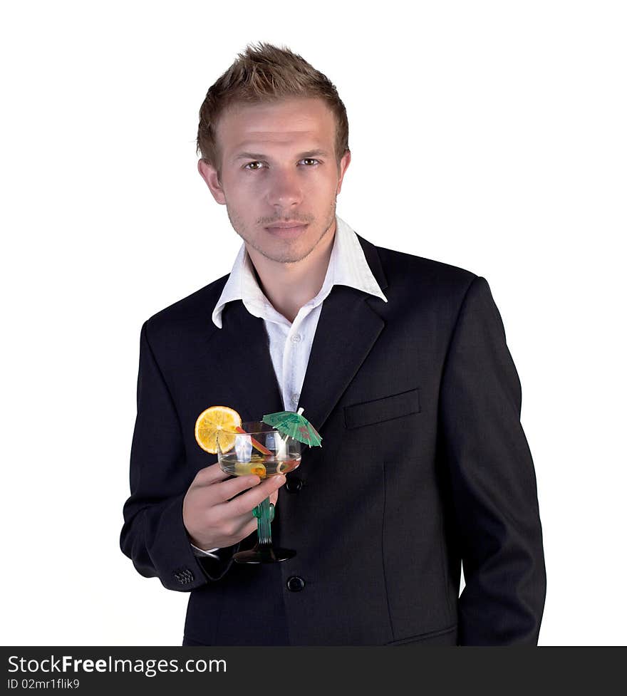 Bartender holding a cocktail and posing on a white background. Bartender holding a cocktail and posing on a white background