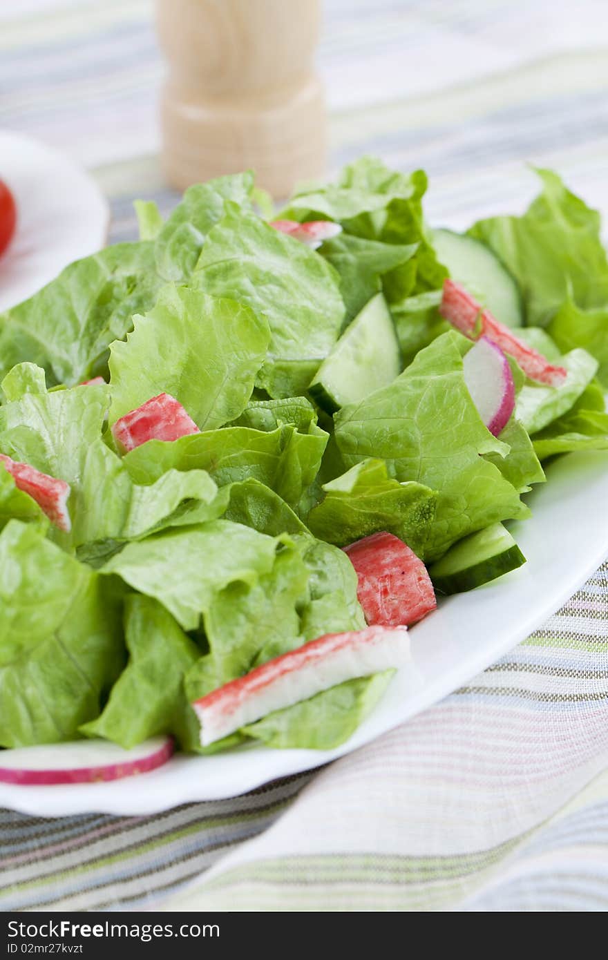 Freshly made salad of lettuce and crab meat