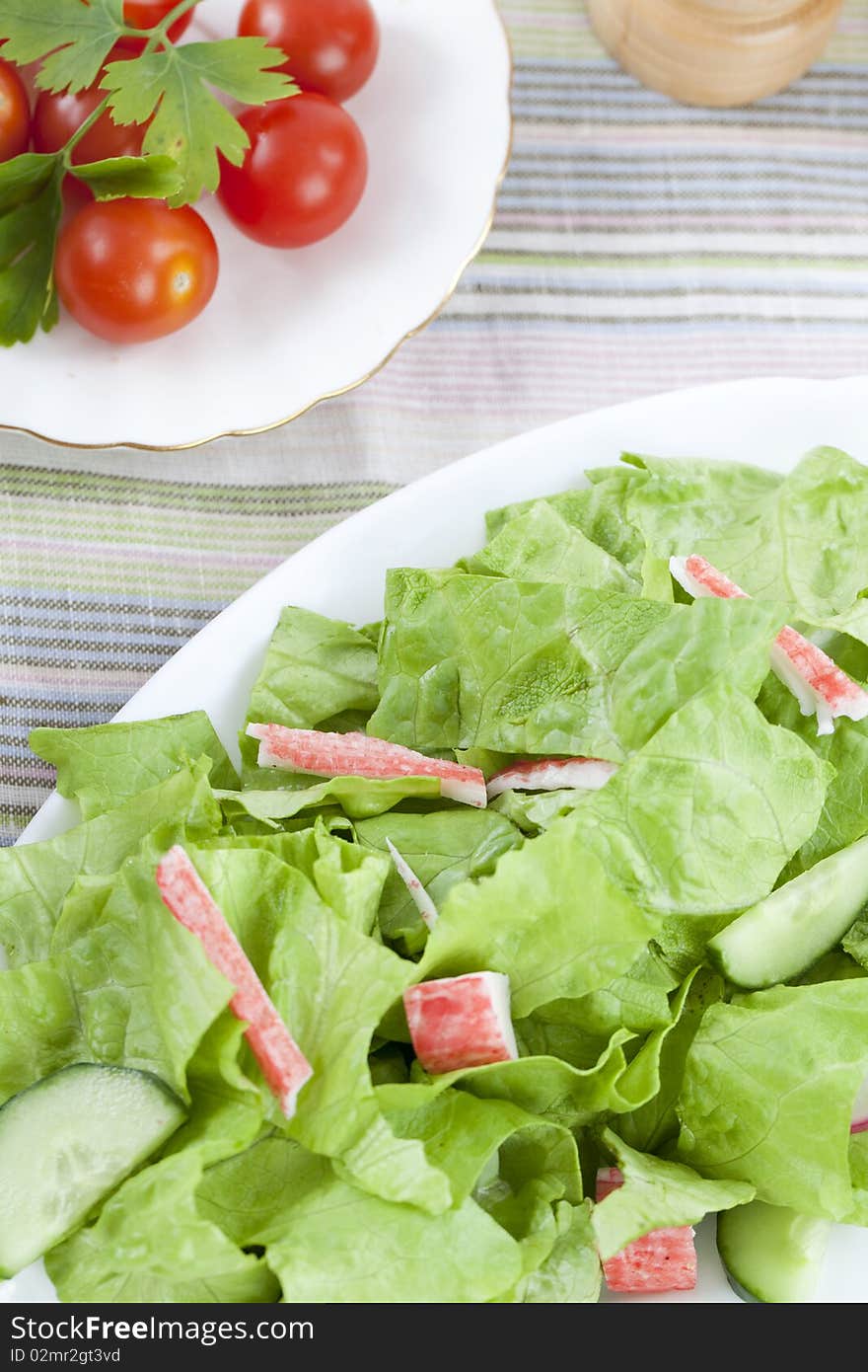 Freshly made salad of lettuce and crab meat