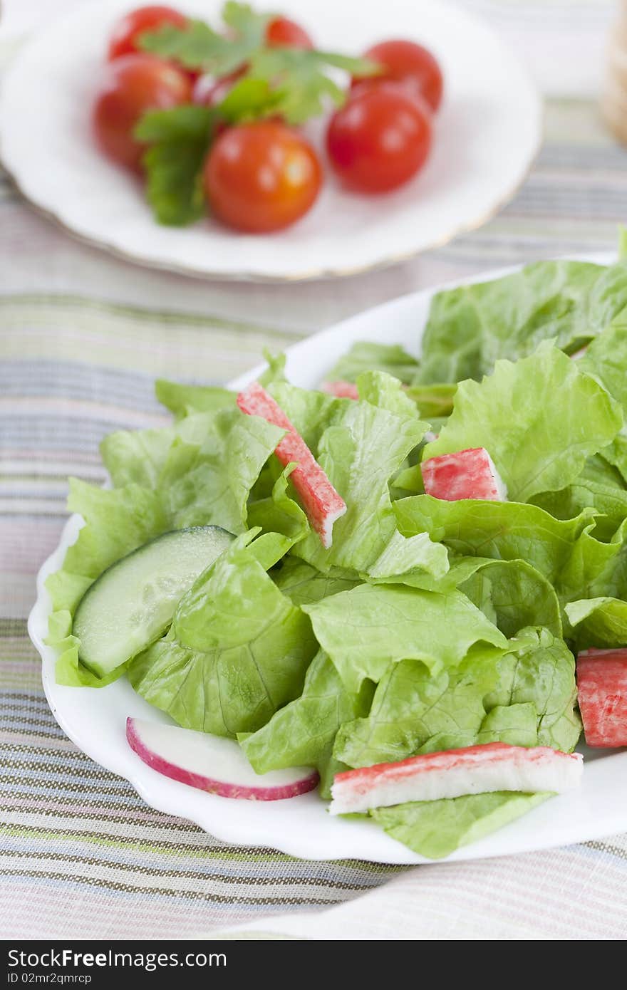 Freshly made salad of lettuce and crab meat