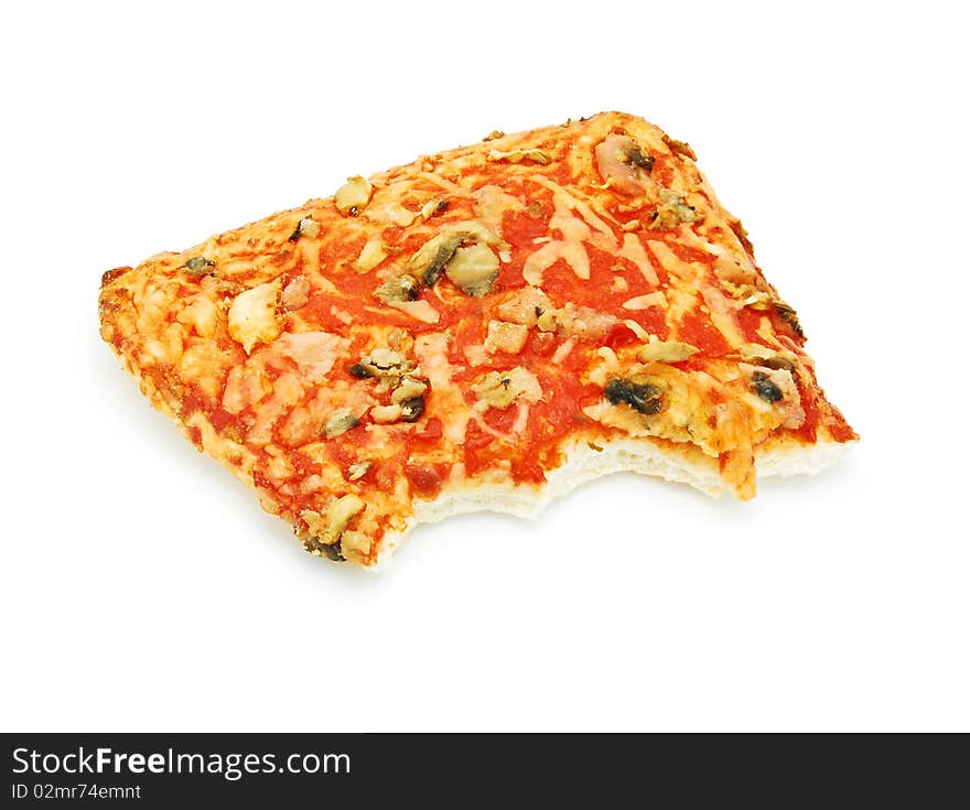 Bitten pizza slice isolated on white