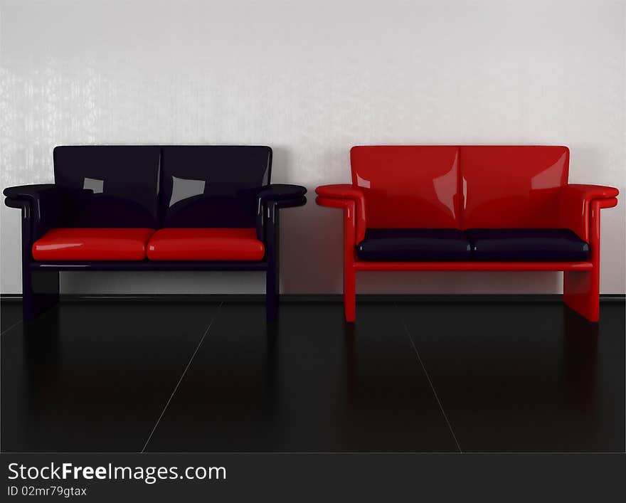 Two modern violet and red sofas in the room, 3d illustrations, black floor and white wall