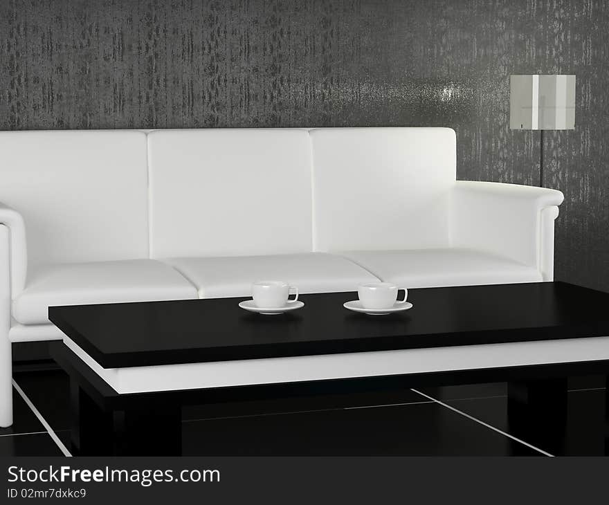 White sofa and coffee table in the modern room for coffee break, 3d illustrations, dining room